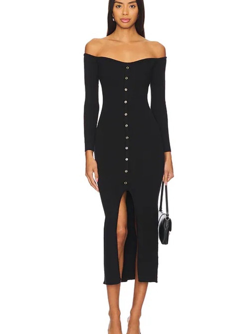 Heartloom Black Off-Shoulder Long-Sleeve Button Midi Dress